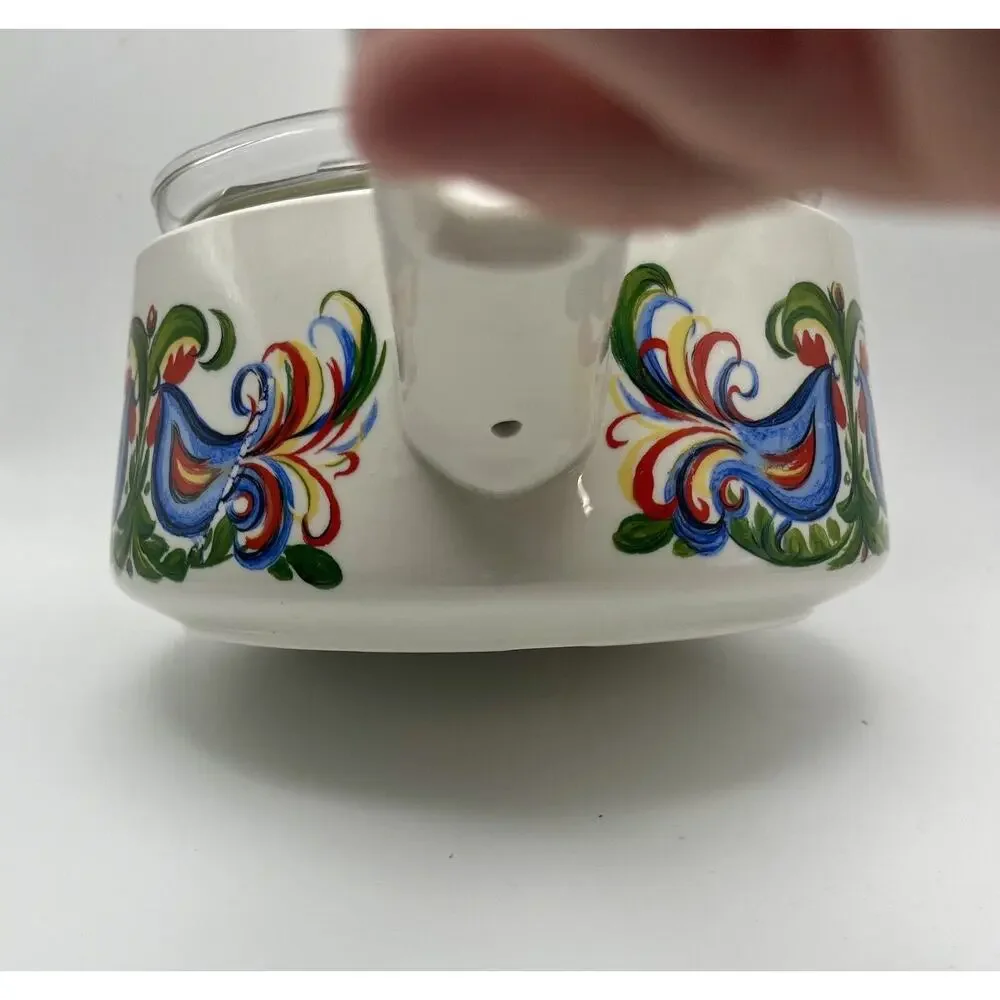 Vtg Villeroy & Boch Rooster Design Fondue Pot With Glass Insert & Lid Porcelain